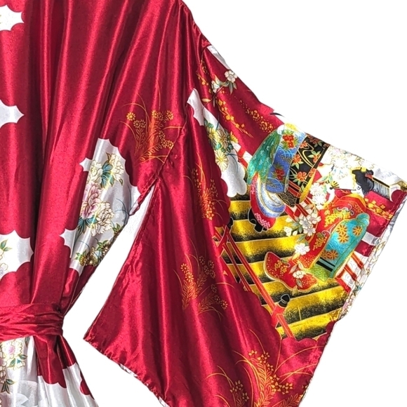 Vintage Satin Authentic Japanese Kimono Open Front Sash Tie Red White Maxi OS - Picture 11 of 13